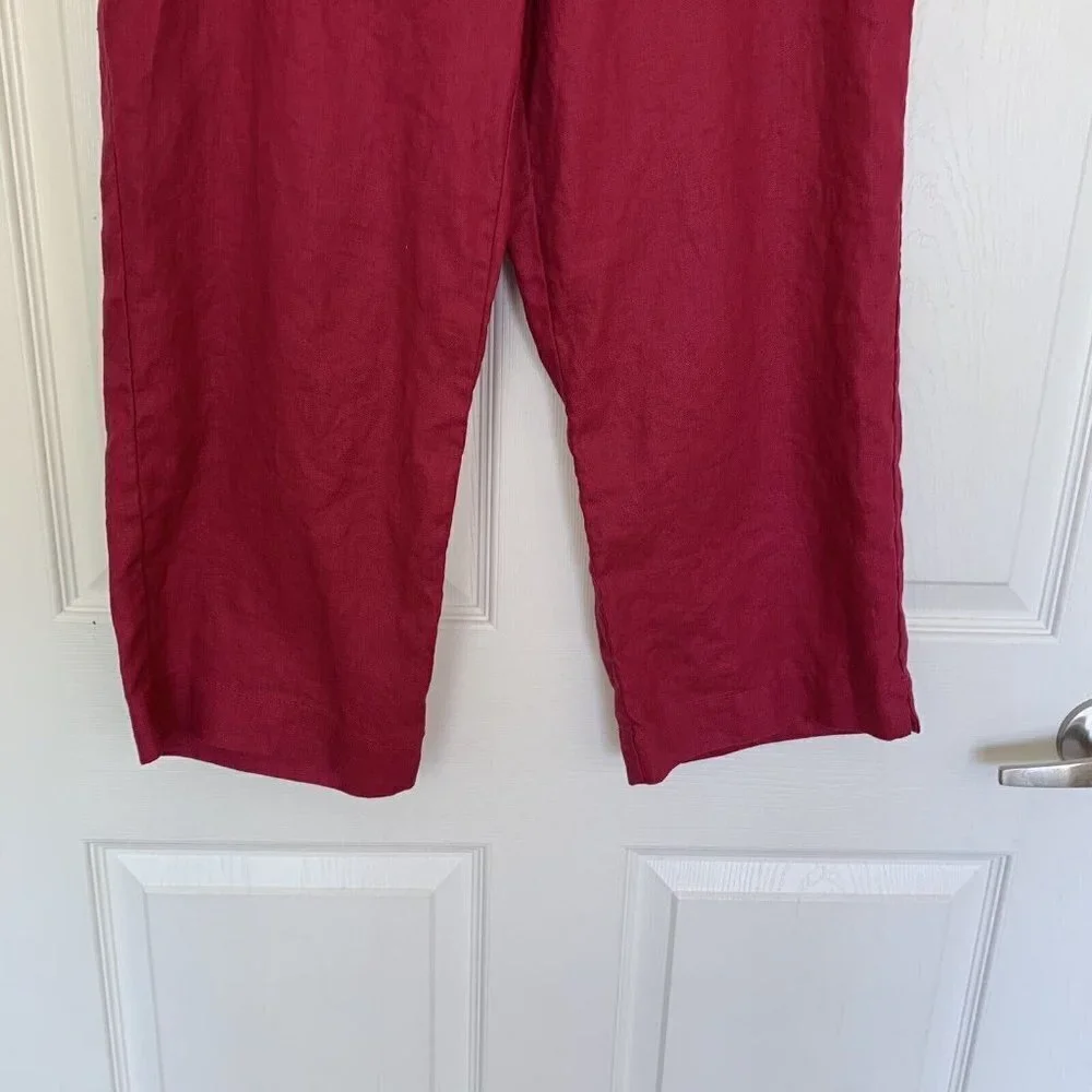 Liz Claiborne Audra Size 8 Wine Color 100% Linen Wide Leg Cropped Belt